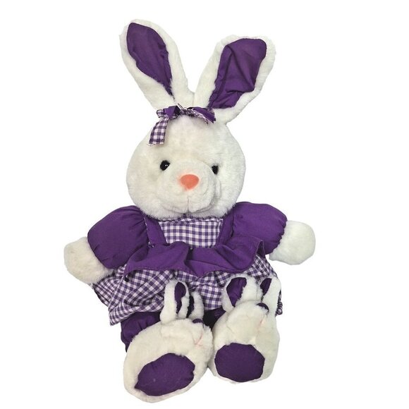 Easter Bunny White Purple Plaid Dress Bow Slippers Plush Stuffed Animal 18" - Picture 1 of 6